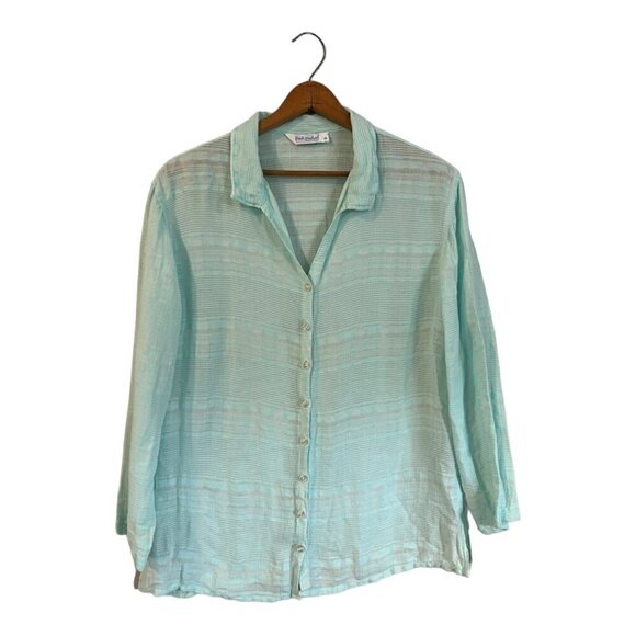 Fresh Produce Linen Blend Top Blouse Green Long Sleeves Button Up Medium - Picture 1 of 5
